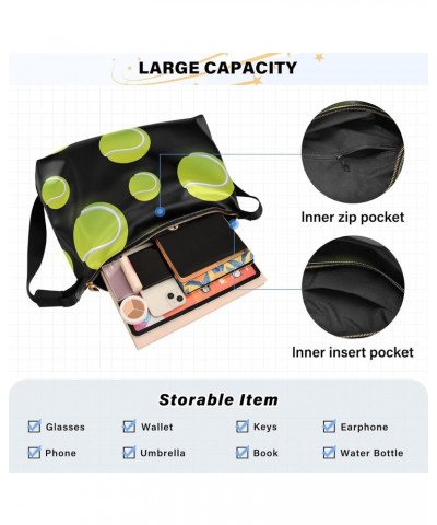 Green Tennis Balls on Black Crossbody Bags for Women PU Leather Large Shoulder Bag Hobo Purse $18.80 Hobo Bags