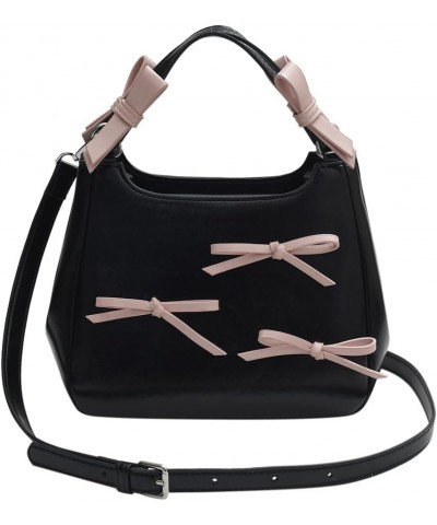 Sweet Bow Aesthetic Crossbody Bag PU Leather Trendy Tote Bag Contrast Color Casual Shoulder Purse with Adjustable Black $12.7...