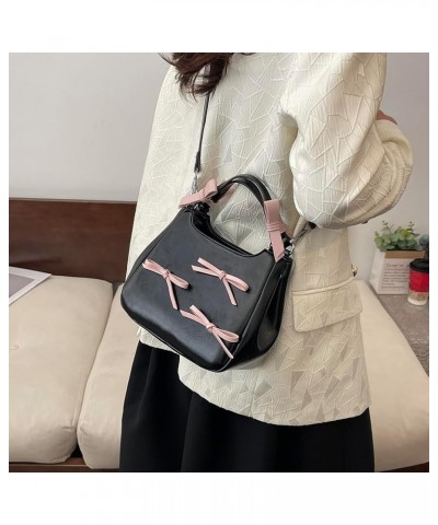 Sweet Bow Aesthetic Crossbody Bag PU Leather Trendy Tote Bag Contrast Color Casual Shoulder Purse with Adjustable Black $12.7...