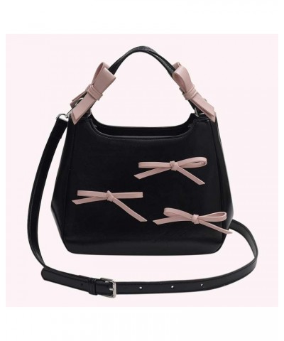 Sweet Bow Aesthetic Crossbody Bag PU Leather Trendy Tote Bag Contrast Color Casual Shoulder Purse with Adjustable Black $12.7...