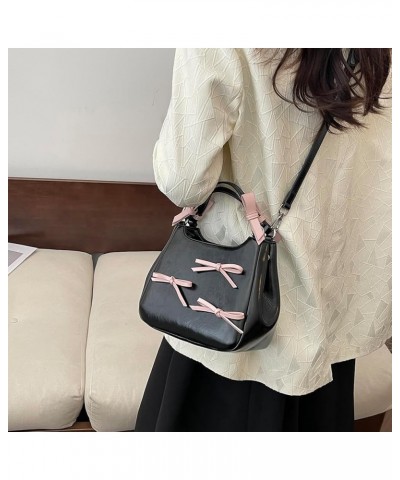 Sweet Bow Aesthetic Crossbody Bag PU Leather Trendy Tote Bag Contrast Color Casual Shoulder Purse with Adjustable Black $12.7...