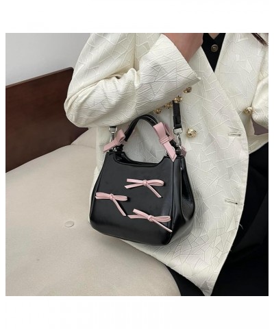 Sweet Bow Aesthetic Crossbody Bag PU Leather Trendy Tote Bag Contrast Color Casual Shoulder Purse with Adjustable Black $12.7...