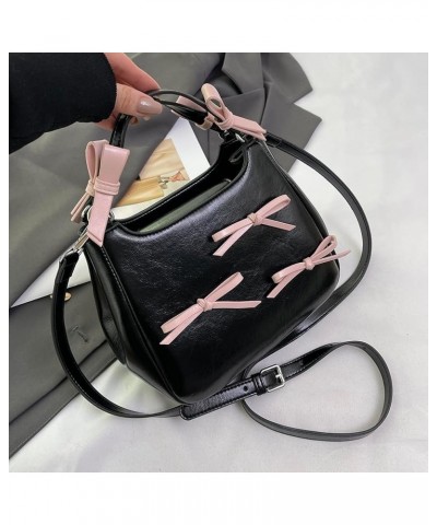 Sweet Bow Aesthetic Crossbody Bag PU Leather Trendy Tote Bag Contrast Color Casual Shoulder Purse with Adjustable Black $12.7...