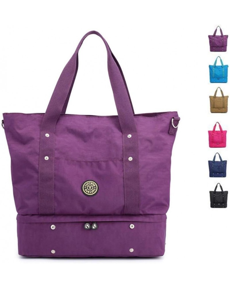 Women Tote Shoulder Handbags Large Waterproof Nylon Travel Gym Bag Weekender Bag Black Purple $41.77 Totes