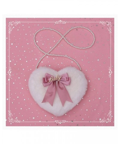 Japanese Heart-Shaped Lolita Girl Bow Plush one-Shoulder Crossbody Bag White $23.36 Shoulder Bags