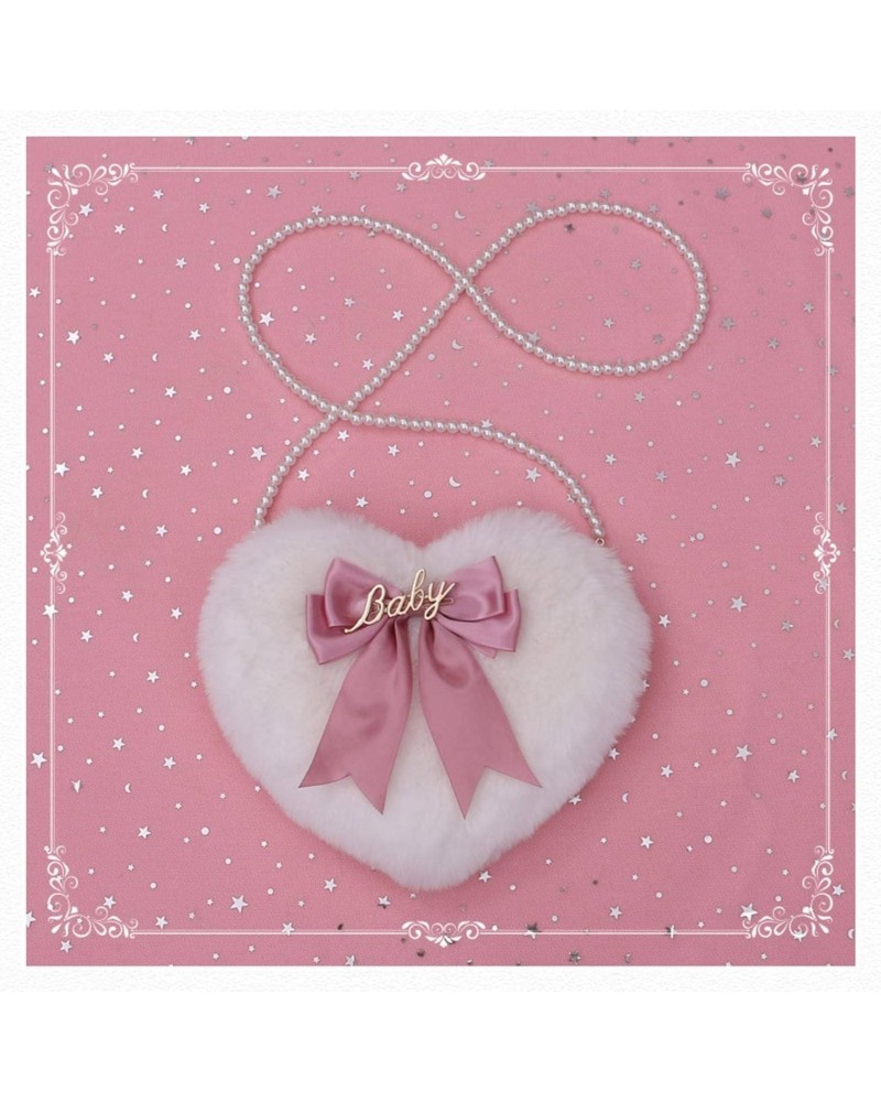 Japanese Heart-Shaped Lolita Girl Bow Plush one-Shoulder Crossbody Bag White $23.36 Shoulder Bags