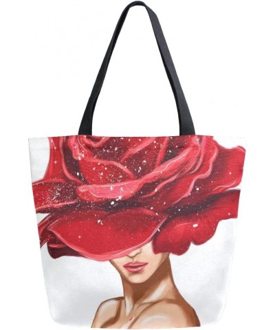 Red Rose Flower on Woman Design Large Canvas Tote Bag Shopping Shoulder Handbag with Small Zippered Pocket $9.68 Totes