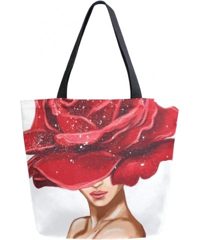 Red Rose Flower on Woman Design Large Canvas Tote Bag Shopping Shoulder Handbag with Small Zippered Pocket $9.68 Totes