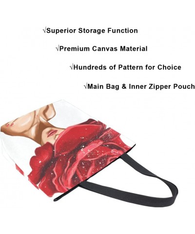 Red Rose Flower on Woman Design Large Canvas Tote Bag Shopping Shoulder Handbag with Small Zippered Pocket $9.68 Totes