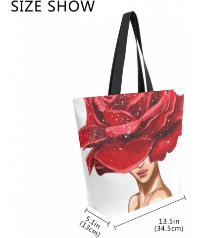 Red Rose Flower on Woman Design Large Canvas Tote Bag Shopping Shoulder Handbag with Small Zippered Pocket $9.68 Totes