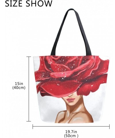 Red Rose Flower on Woman Design Large Canvas Tote Bag Shopping Shoulder Handbag with Small Zippered Pocket $9.68 Totes