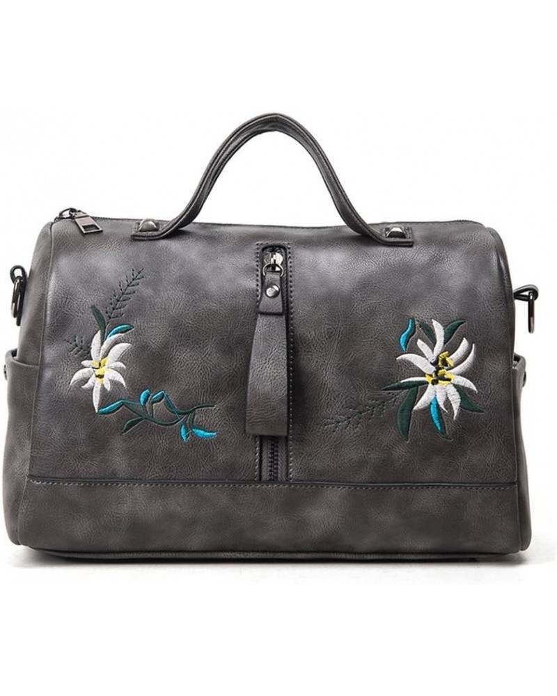 Women's Vintage Embroidery PU Handbag Top Handle Cross-body Bags Grey $15.00 Handbags