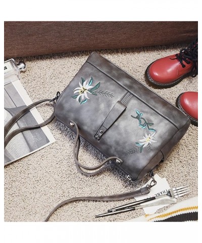 Women's Vintage Embroidery PU Handbag Top Handle Cross-body Bags Grey $15.00 Handbags