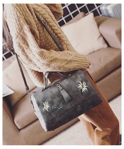 Women's Vintage Embroidery PU Handbag Top Handle Cross-body Bags Grey $15.00 Handbags