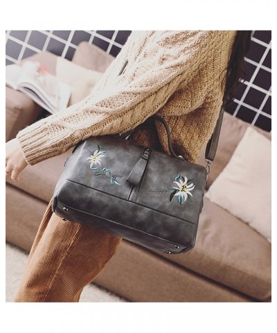 Women's Vintage Embroidery PU Handbag Top Handle Cross-body Bags Grey $15.00 Handbags