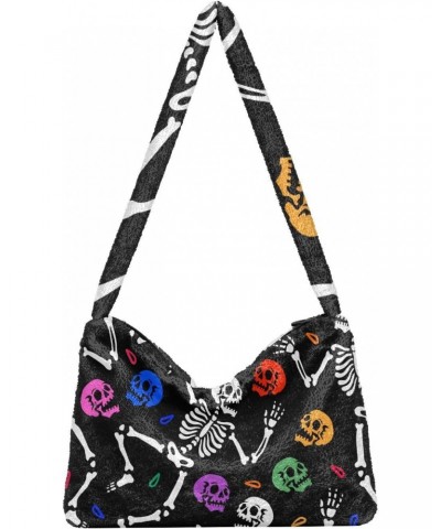 Dancing Skeletons Skulls Furry Tote Bag for Women Crossbody Bag Shoulder Handbags Hobo Tote Handbag with Zipper for Men $12.1...