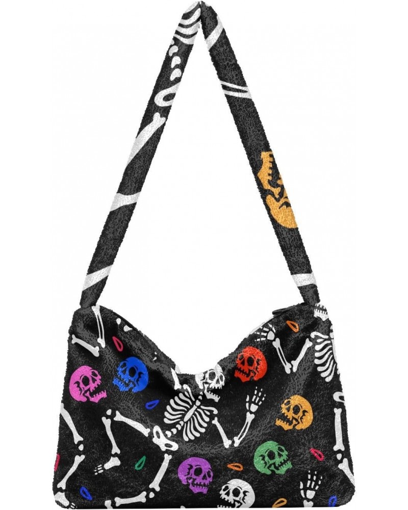 Dancing Skeletons Skulls Furry Tote Bag for Women Crossbody Bag Shoulder Handbags Hobo Tote Handbag with Zipper for Men $12.1...