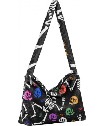 Dancing Skeletons Skulls Furry Tote Bag for Women Crossbody Bag Shoulder Handbags Hobo Tote Handbag with Zipper for Men $12.1...