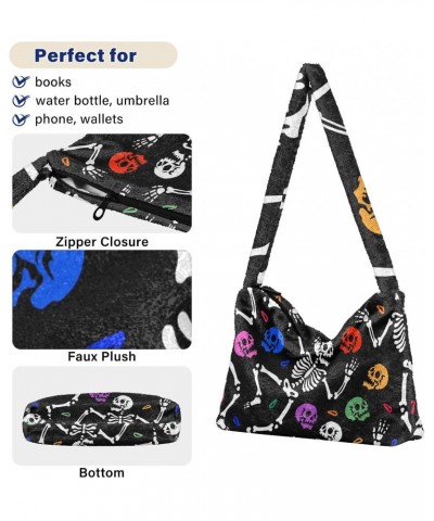 Dancing Skeletons Skulls Furry Tote Bag for Women Crossbody Bag Shoulder Handbags Hobo Tote Handbag with Zipper for Men $12.1...