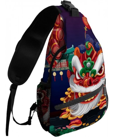 Sling Backpack, Traditional Retro Chinese New Year Lion Dancing Theme Waterproof Lightweight Small Sling Bag, Travel Chest Ba...