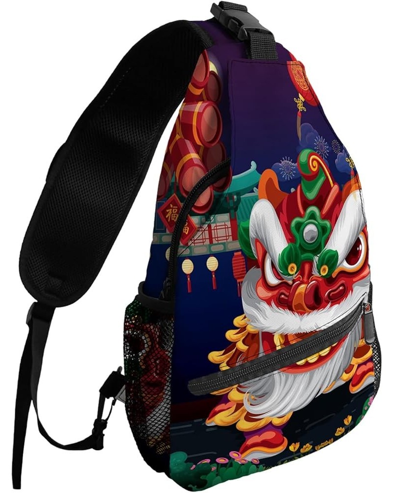 Sling Backpack, Traditional Retro Chinese New Year Lion Dancing Theme Waterproof Lightweight Small Sling Bag, Travel Chest Ba...