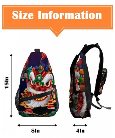 Sling Backpack, Traditional Retro Chinese New Year Lion Dancing Theme Waterproof Lightweight Small Sling Bag, Travel Chest Ba...