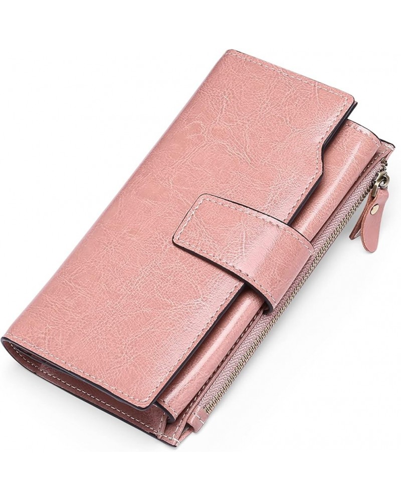 Womens Wallet Zip Around Card Holder Large Leather Phone Wristlet with RFID Blocking 1-Wax-Pink-1 $17.27 Wristlets