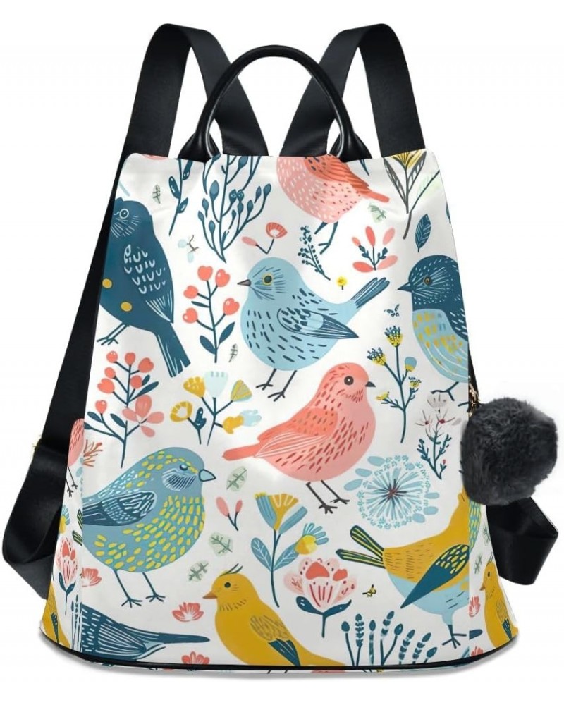 Backpack Purse for Women Cartoon Summer Dogs Flowers Anti Theft Travel Bag Fashion Pompom Backpack for Hiking Birds Floral Pa...