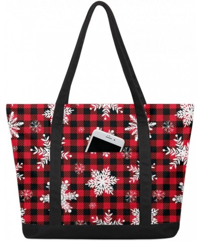 Christmas Buffalo Plaid Canvas Totes Shoulder Bag for Women Girls, Red and Black Checked Handbag with External Pockets Daily ...