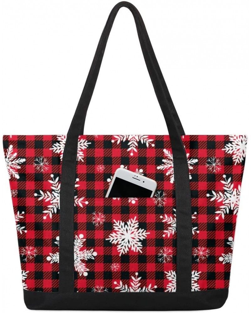 Christmas Buffalo Plaid Canvas Totes Shoulder Bag for Women Girls, Red and Black Checked Handbag with External Pockets Daily ...