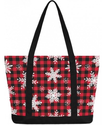 Christmas Buffalo Plaid Canvas Totes Shoulder Bag for Women Girls, Red and Black Checked Handbag with External Pockets Daily ...