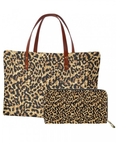 Women Satchel Handbags Shoulder Purses Totes Work Bags with Leather Wallet 2-Piece Set Brown Leopard Print $26.00 Backpacks