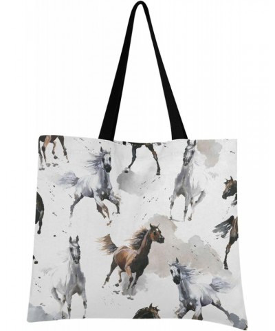 Large Canvas Tote Bag Aesthetic for Women Black White Horse Print with Inner Pocket, Big Storage Shoulder Bag Grocery Bag Pur...