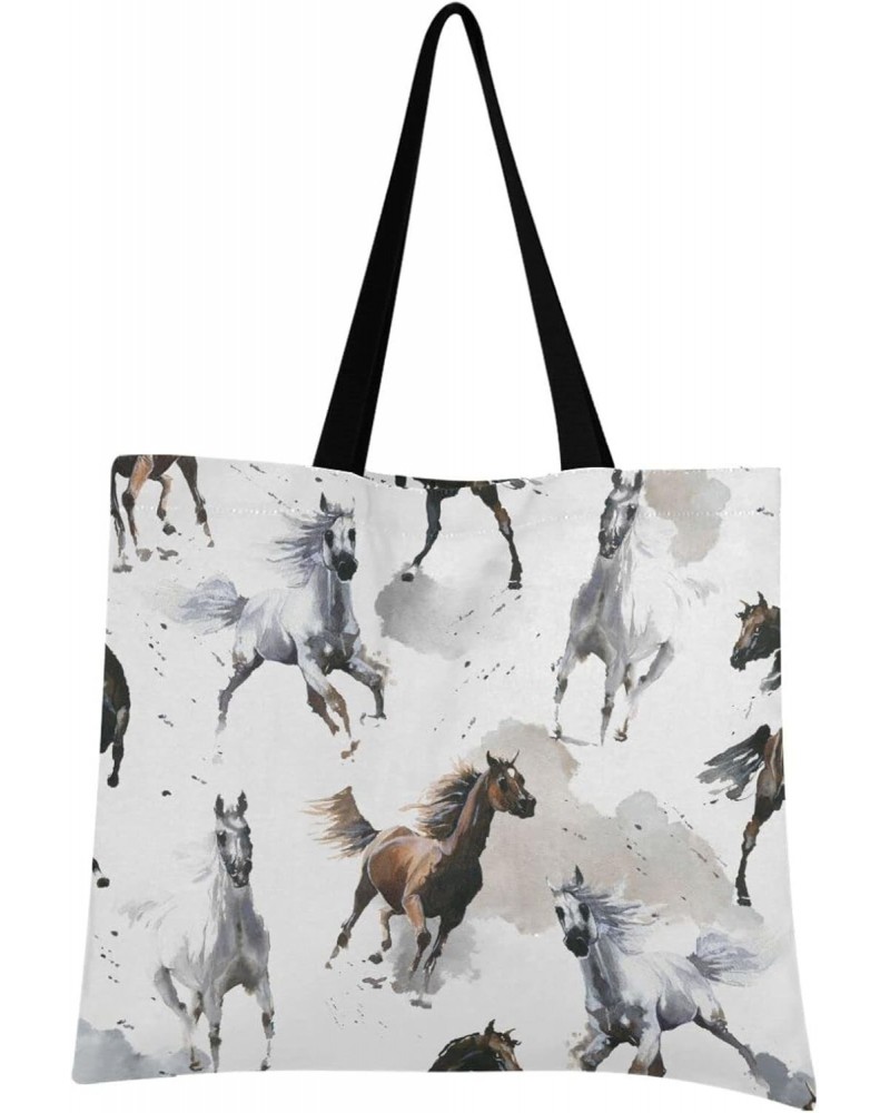 Large Canvas Tote Bag Aesthetic for Women Black White Horse Print with Inner Pocket, Big Storage Shoulder Bag Grocery Bag Pur...