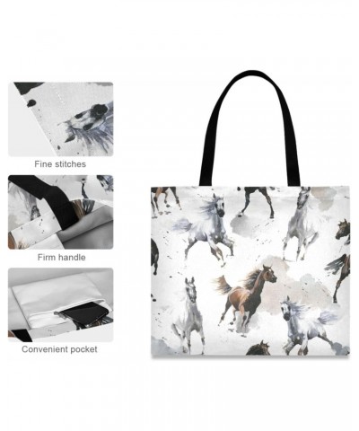 Large Canvas Tote Bag Aesthetic for Women Black White Horse Print with Inner Pocket, Big Storage Shoulder Bag Grocery Bag Pur...