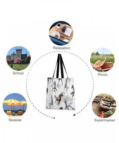 Large Canvas Tote Bag Aesthetic for Women Black White Horse Print with Inner Pocket, Big Storage Shoulder Bag Grocery Bag Pur...