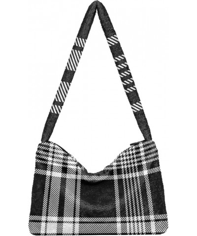 Houndstooth Shoulder Tote Bags for Women Furry Crossbody bag with Zipper Hobo Handbag Purses for College Travel Work Black Wh...