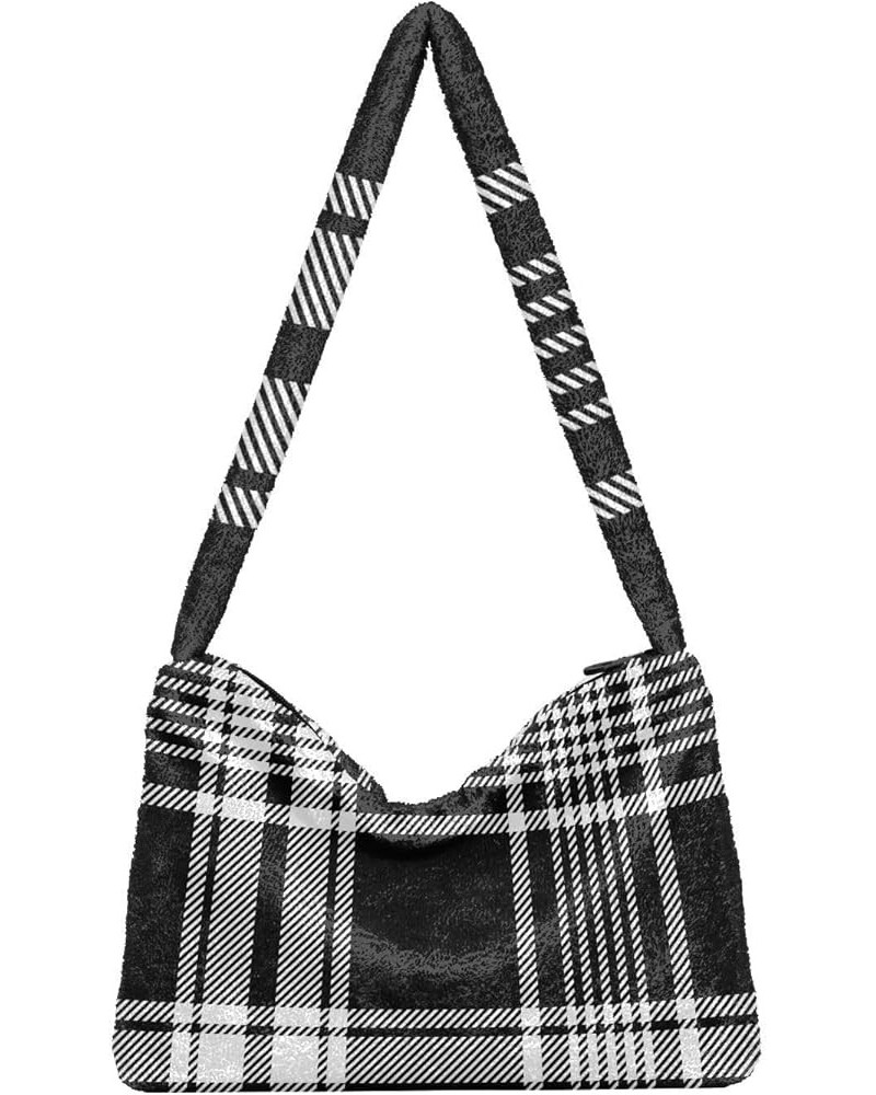 Houndstooth Shoulder Tote Bags for Women Furry Crossbody bag with Zipper Hobo Handbag Purses for College Travel Work Black Wh...