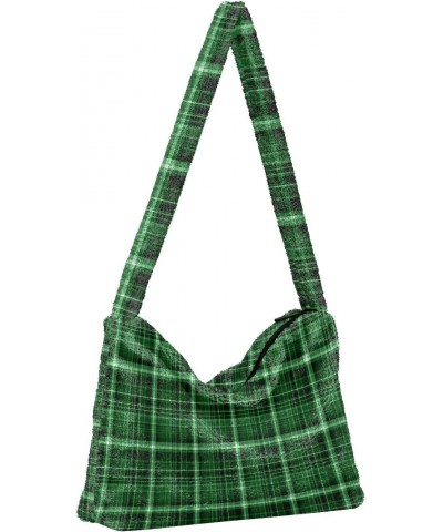 Women Boho Handbag Green Plaid Underarm Bag Tote Bag Shoulder Bag Crossbody Bag Fluffy Cell Phone Purse Lady Travel Pouch Win...