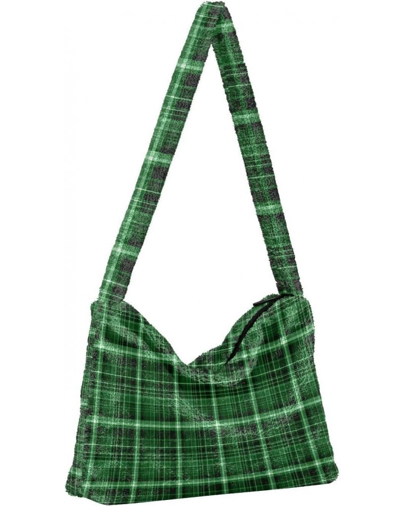 Women Boho Handbag Green Plaid Underarm Bag Tote Bag Shoulder Bag Crossbody Bag Fluffy Cell Phone Purse Lady Travel Pouch Win...