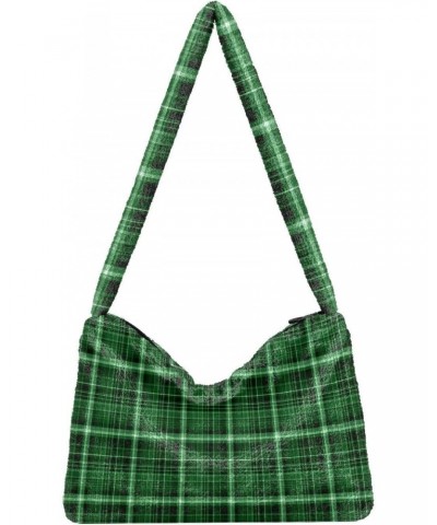 Women Boho Handbag Green Plaid Underarm Bag Tote Bag Shoulder Bag Crossbody Bag Fluffy Cell Phone Purse Lady Travel Pouch Win...