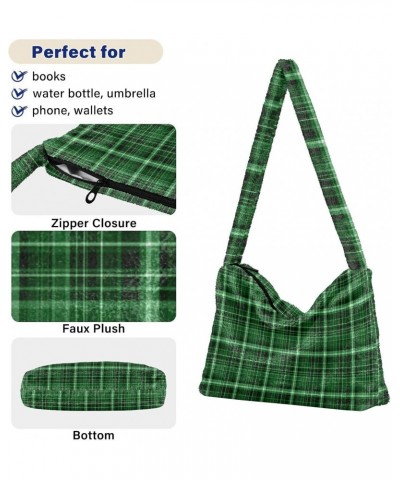 Women Boho Handbag Green Plaid Underarm Bag Tote Bag Shoulder Bag Crossbody Bag Fluffy Cell Phone Purse Lady Travel Pouch Win...