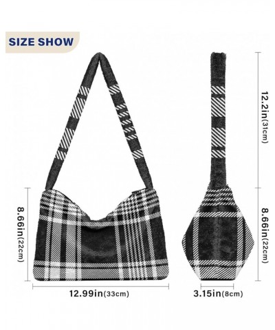 Houndstooth Shoulder Tote Bags for Women Furry Crossbody bag with Zipper Hobo Handbag Purses for College Travel Work Black Wh...