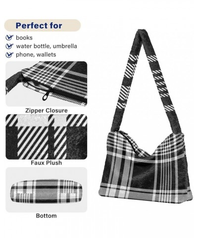 Houndstooth Shoulder Tote Bags for Women Furry Crossbody bag with Zipper Hobo Handbag Purses for College Travel Work Black Wh...