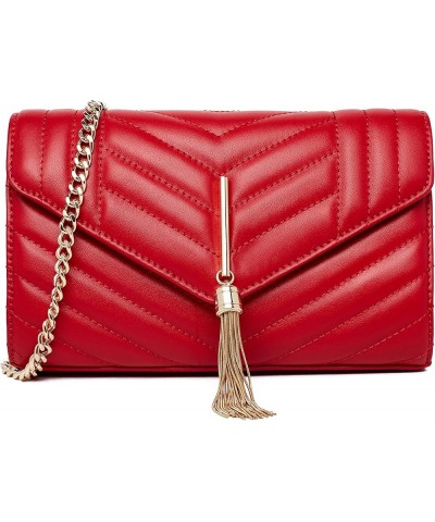 Genuine Leather Clutch Crossbody Bag Quilted Evening Bag for Women Fashion Shoulder Clutch Handbag with Chain Wine Tassels $1...