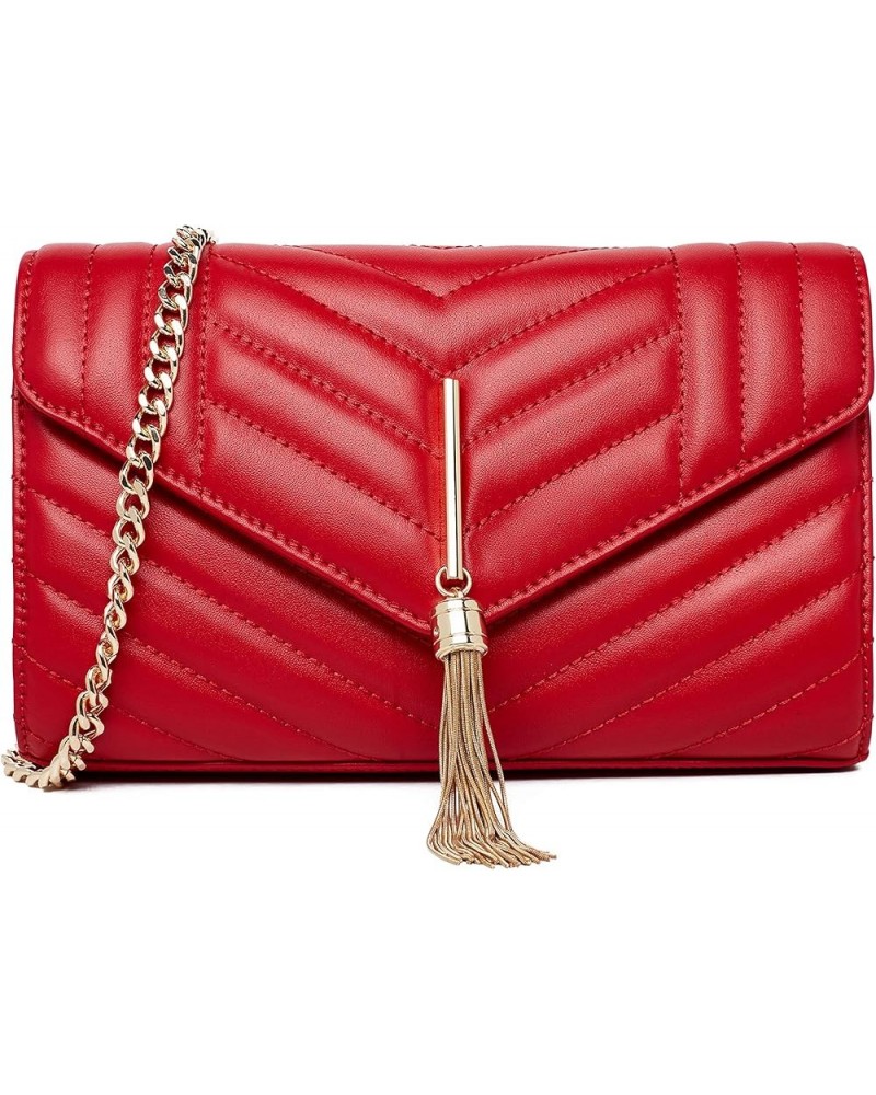 Genuine Leather Clutch Crossbody Bag Quilted Evening Bag for Women Fashion Shoulder Clutch Handbag with Chain Wine Tassels $1...