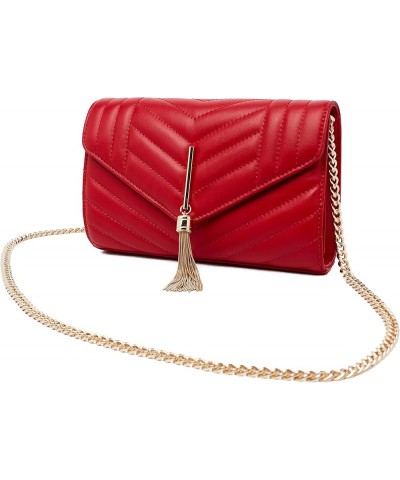 Genuine Leather Clutch Crossbody Bag Quilted Evening Bag for Women Fashion Shoulder Clutch Handbag with Chain Wine Tassels $1...