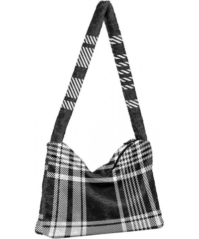 Houndstooth Shoulder Tote Bags for Women Furry Crossbody bag with Zipper Hobo Handbag Purses for College Travel Work Black Wh...