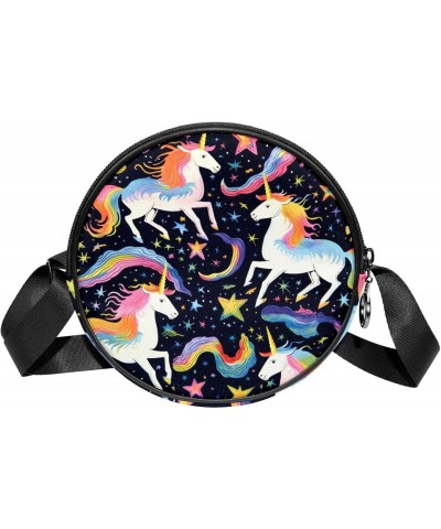 Round Crossbody Purse for Women, Shoulder Bag, Unicorn Rainbow Star Cartoon $8.80 Crossbody Bags