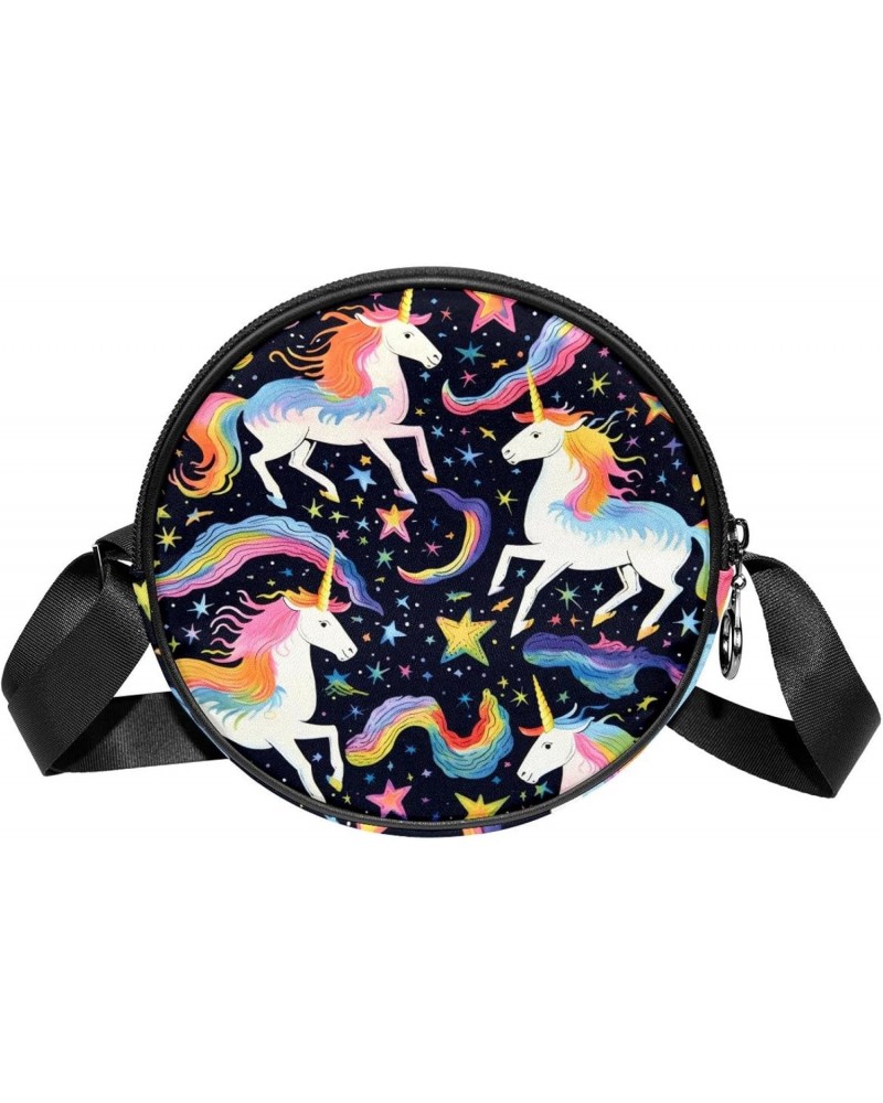 Round Crossbody Purse for Women, Shoulder Bag, Unicorn Rainbow Star Cartoon $8.80 Crossbody Bags